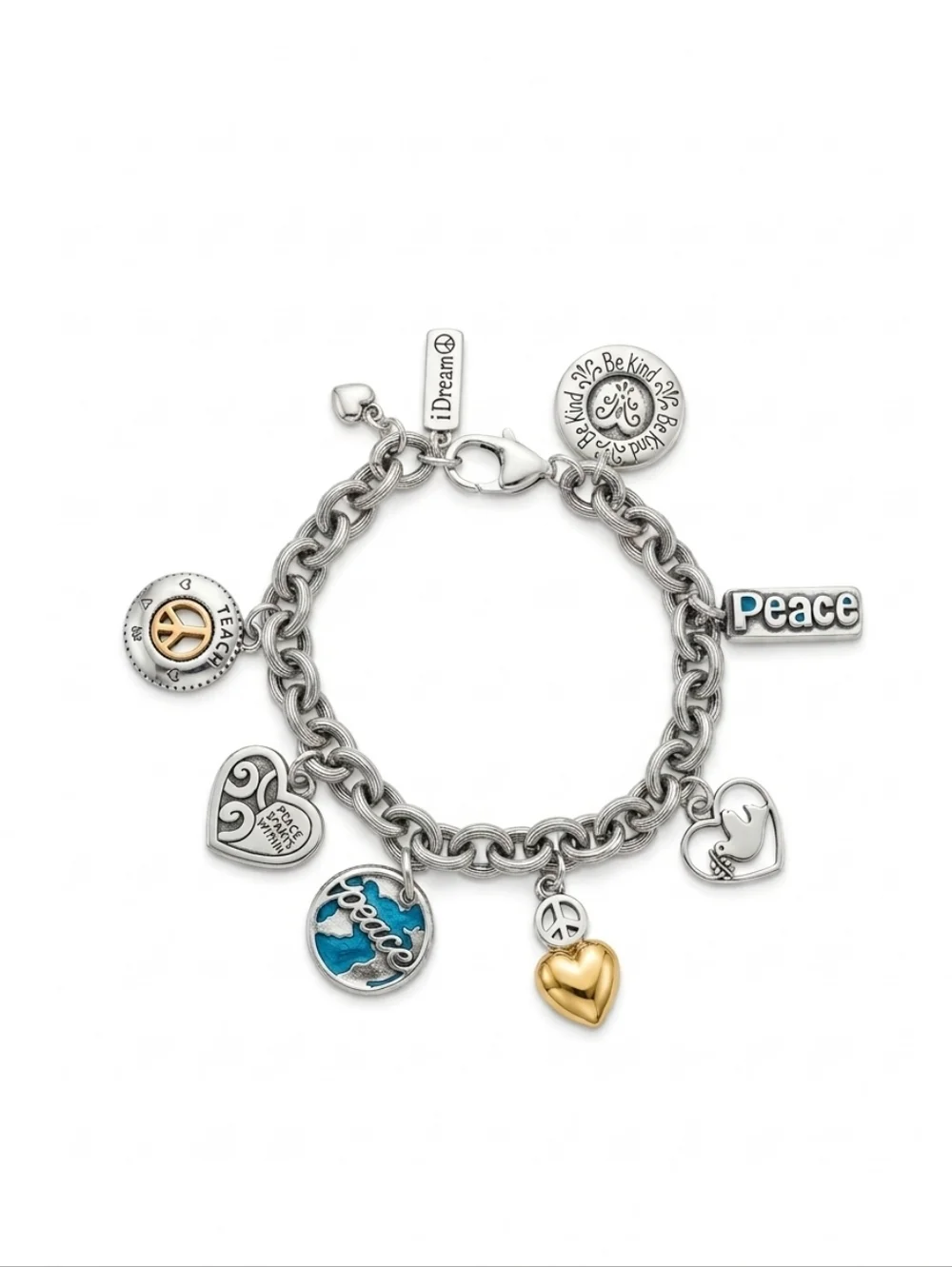 Brighton Vintage Silver Peace Charm Bracelet EUC